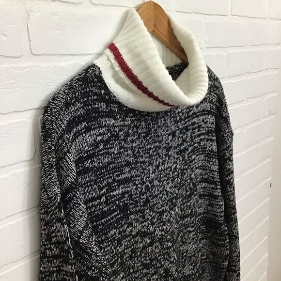 GREY red white chunky knit sweater large oversized turtle neck cowl - Picture 3 of 14